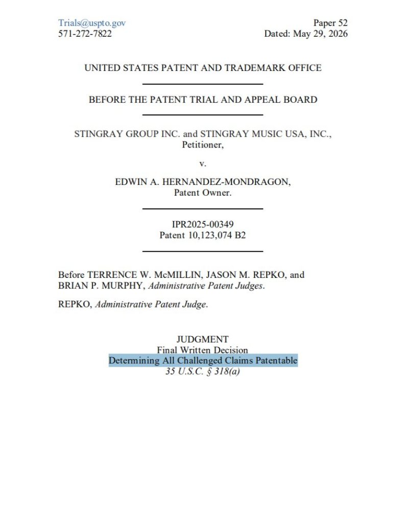Patent Trial and Appeals Board Uphelds Patent Claims in the MEVIA Portfolio